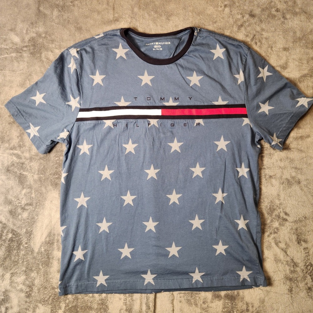 Tommy Hilfiger T-Shirt Mens XL Blue Star Print Graphic Stripe Short Sleeve